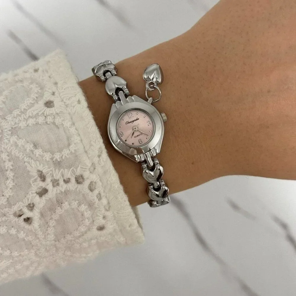 sku0148 Retro‎ Silver Pink dial Heart Charm Women Watch Bracelet + gift box